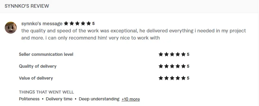 Fiverr testimonial for a professional Full-Stack Developer.